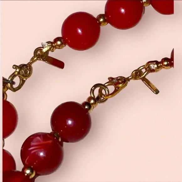 Vintage Monet Red Gold Plastic Bead Necklaces Lot of 2 - Picture 4 of 7
